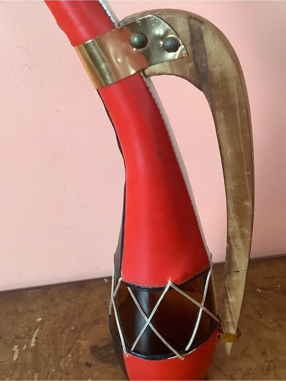 Red Black Leather-Wrapped Glass Decanter, Bull Head Stopper & Wood Handle 18”